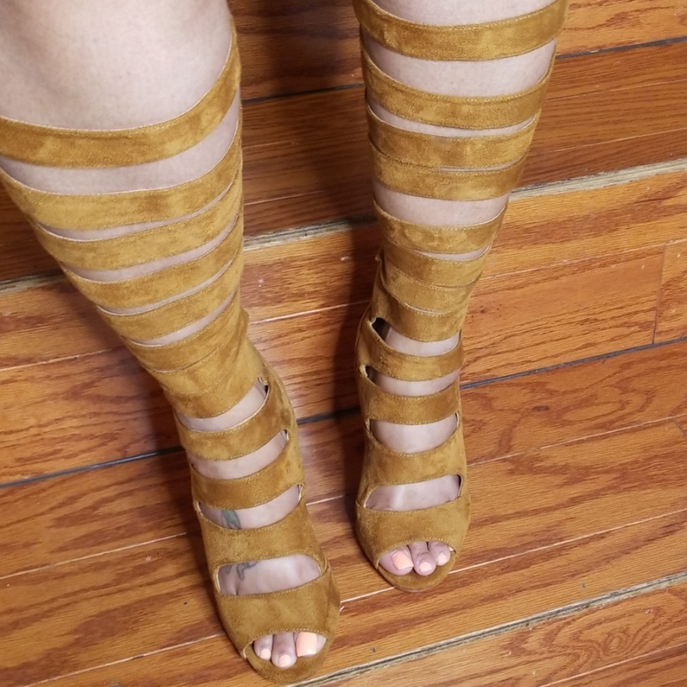 Brown Stacked Open toe boots